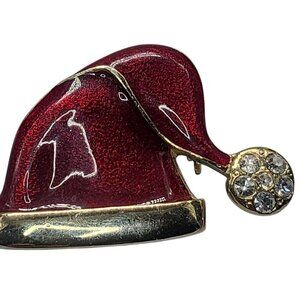 Santa Hat Brooch Red Enamel Rhinestone Accent Christmas Pin Holiday Jewelry